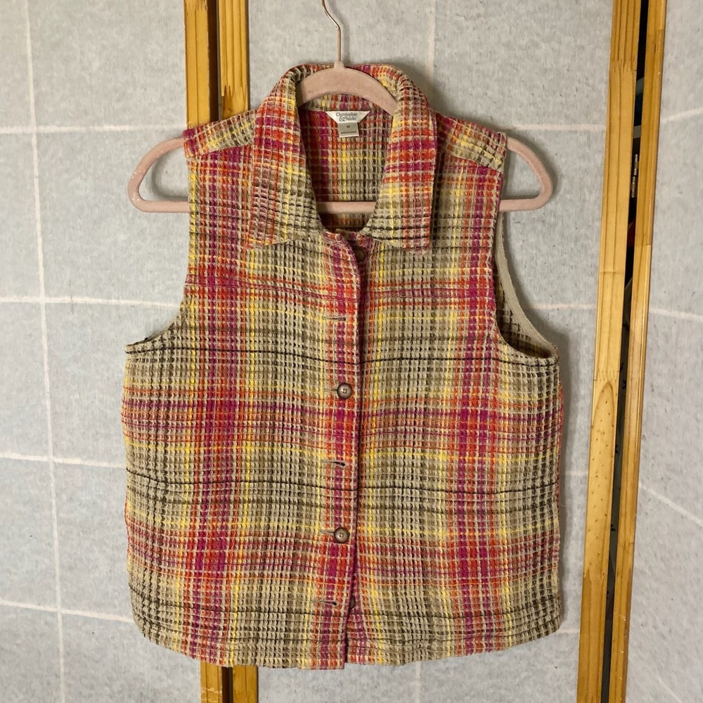 Christopher & Banks Women Size M Plaid‎ Sleeveless Button Front Vest Top Cotton